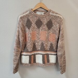 VTG 80s 90s Pullover Hand Knit Acrylic Crew Sweater Medium Pink Gray Diamond